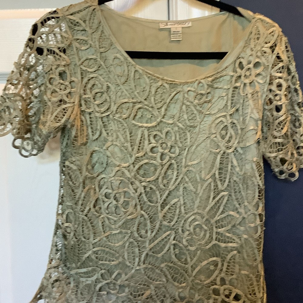 Silken Poetry 100% silk Green Floral Lace Overlay Blouse